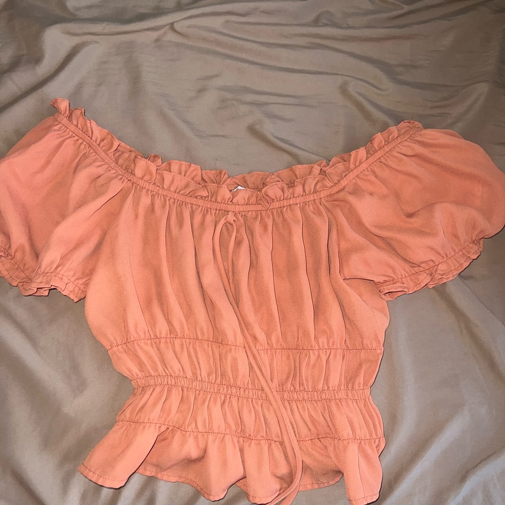 coral off the shoulder cropped shirt